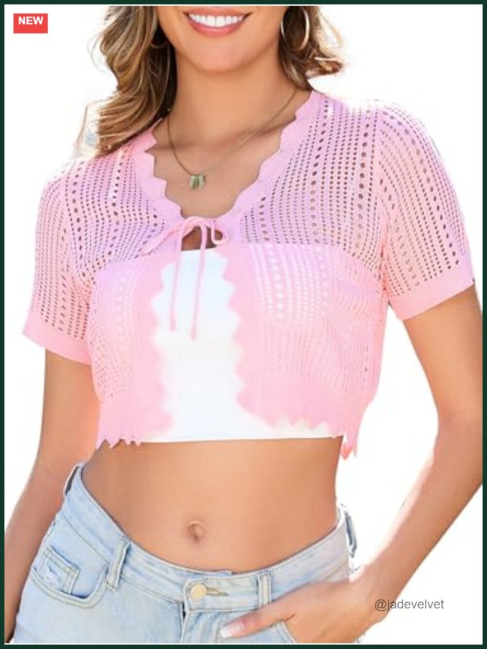 Knit Shrug Cardigan Short Sleeve Cropped Tie Front V-Neck Scallop Hem